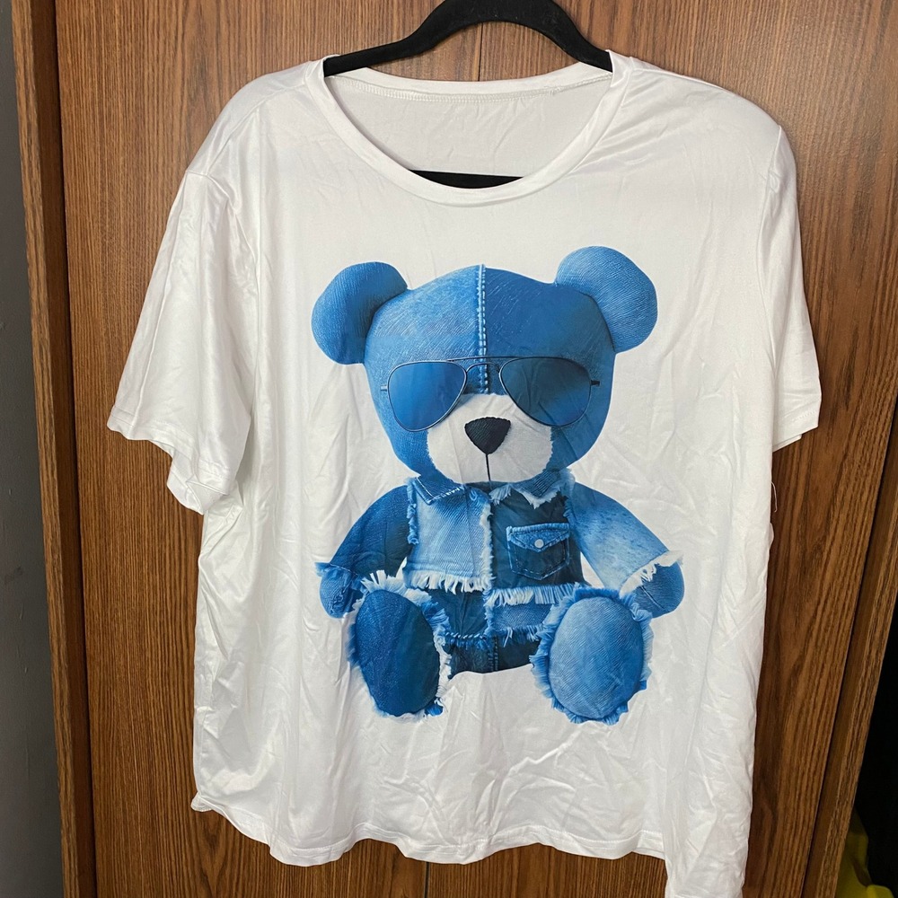Shein Curve 2 Piece Set Womens 3XL White Blue Teddy Bear Patchwork Print